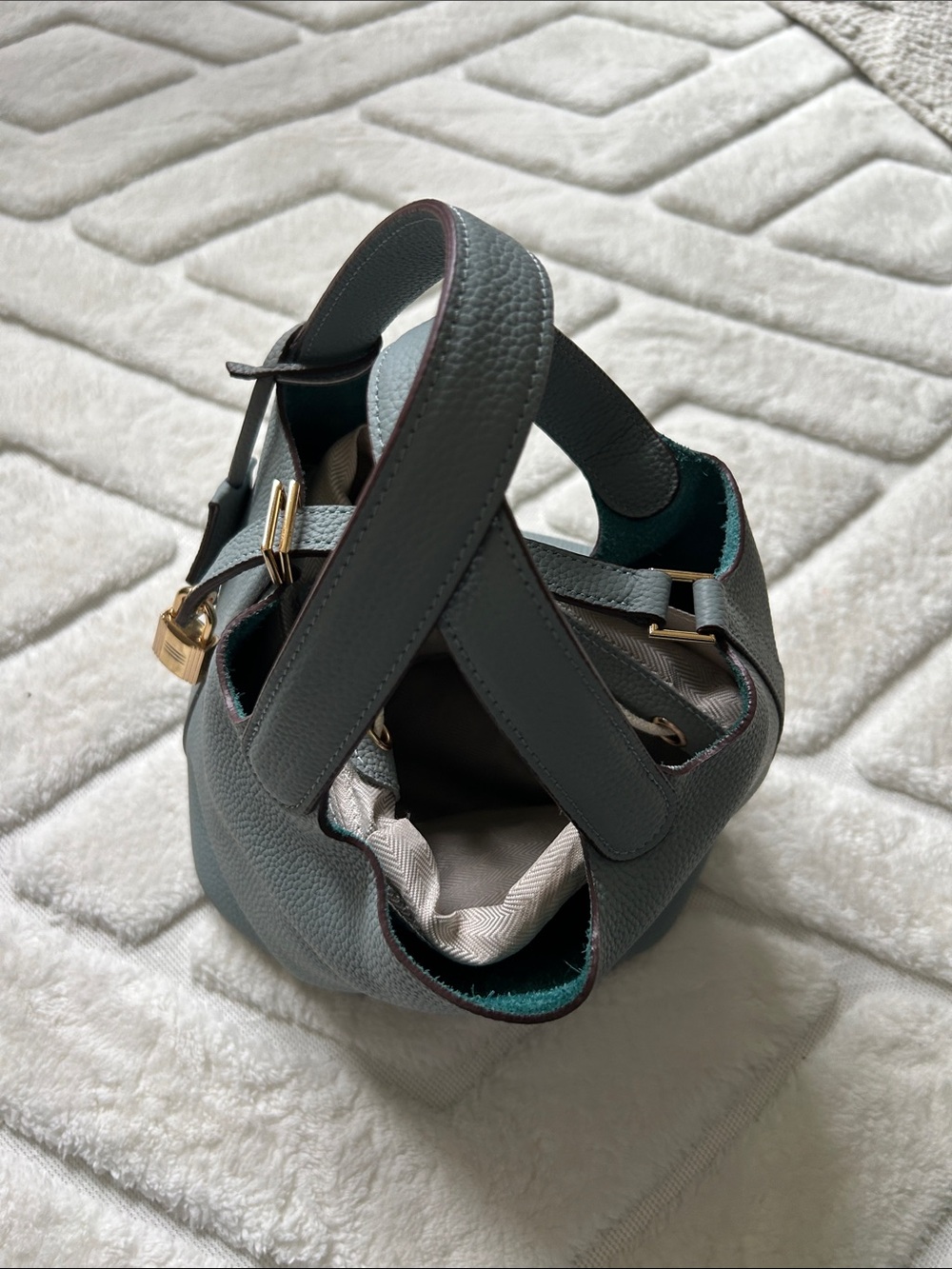 Women’s Blue Leather Bucket Bag with Gold Hardware